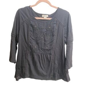 Style & Co Women's 3/4 Bell Sleeve‎ Round Neck Top Black Size Medium